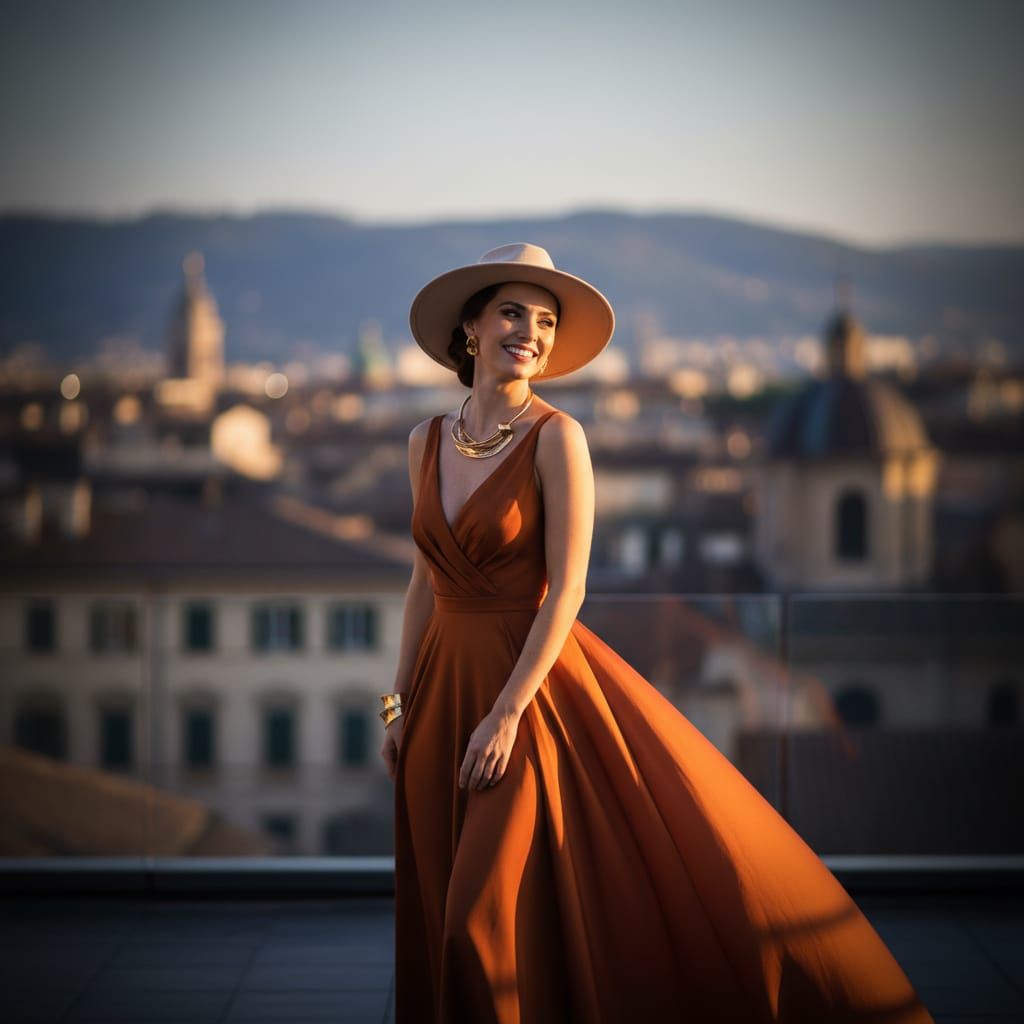 Golden Hour Portrait of Joyful Woman in Fashion