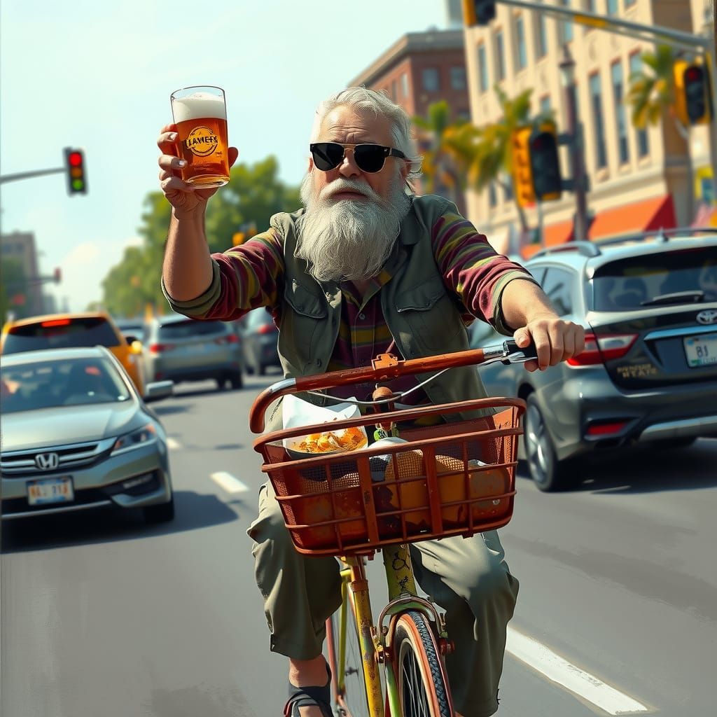 Old Man Rides Bike Through Traffic: Impasto Painting