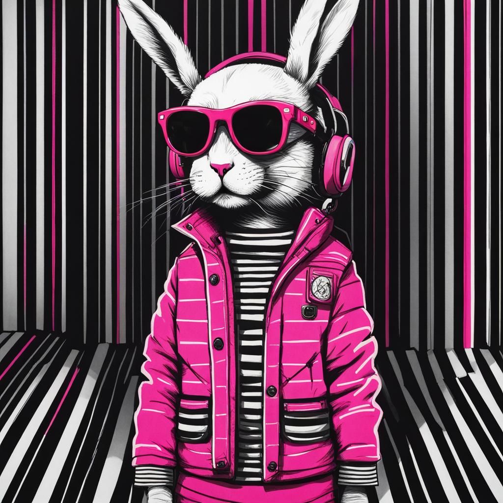 Neon Chibi Cyberbunny bot in front of a vertical striped black and white wall, wearing pink jacket, hot pink neon  sun g...