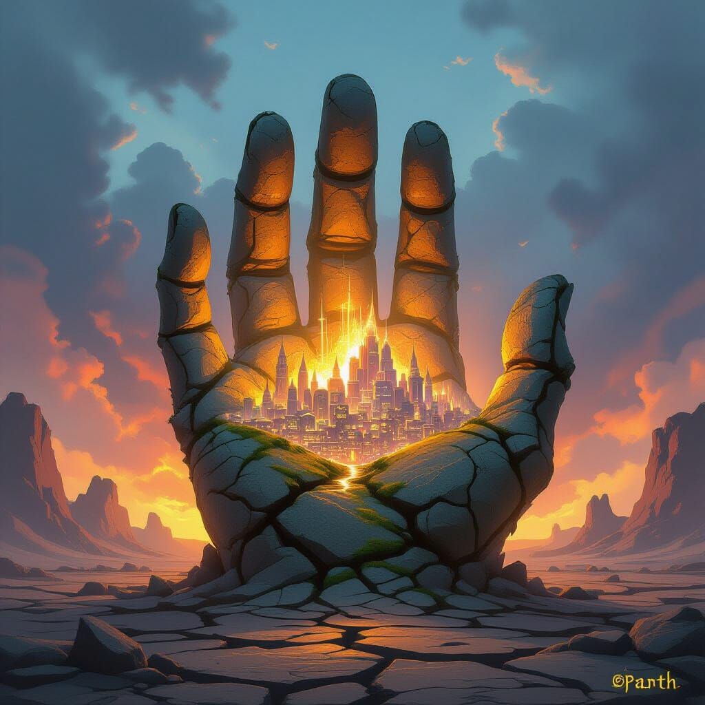 Colossal Stone Hand Holds Glowing City in Epic Fantasy Art