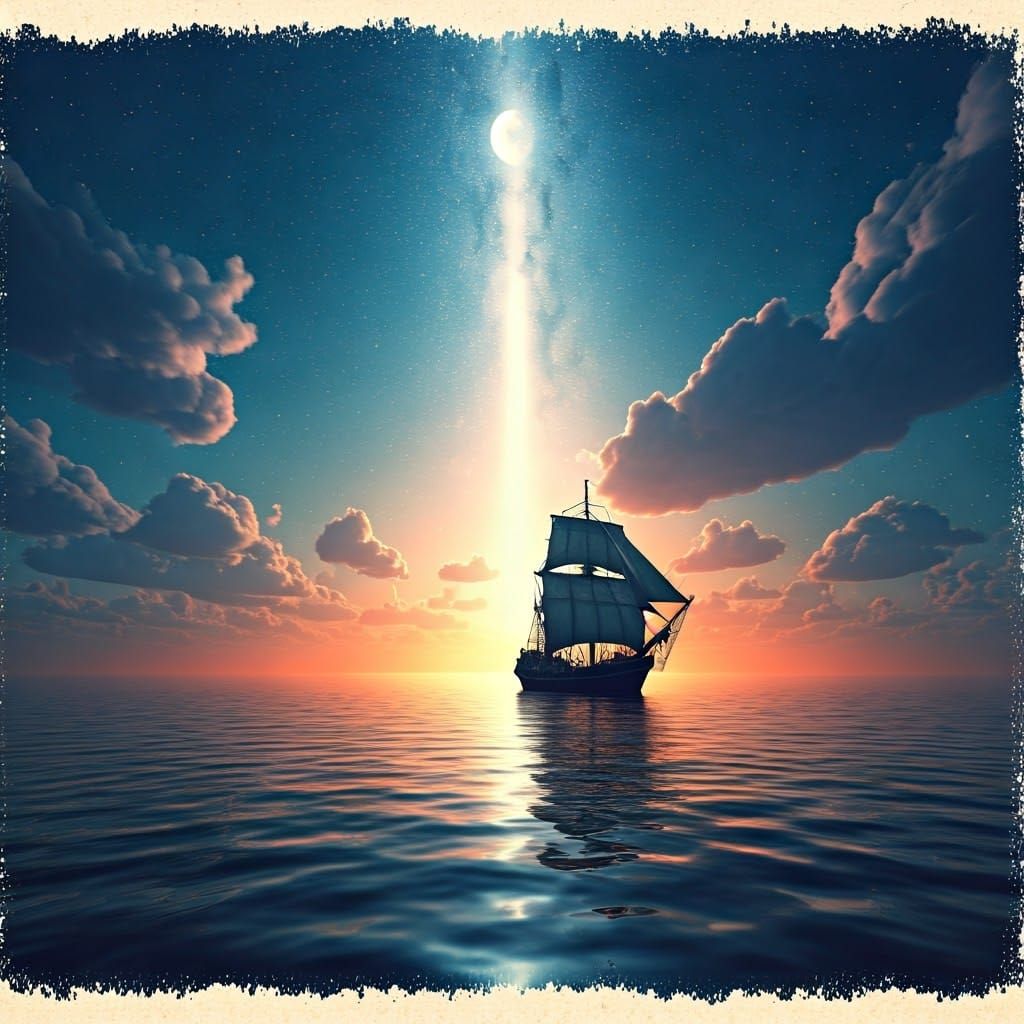 Galleon on River Under Milky Way in Surreal Style