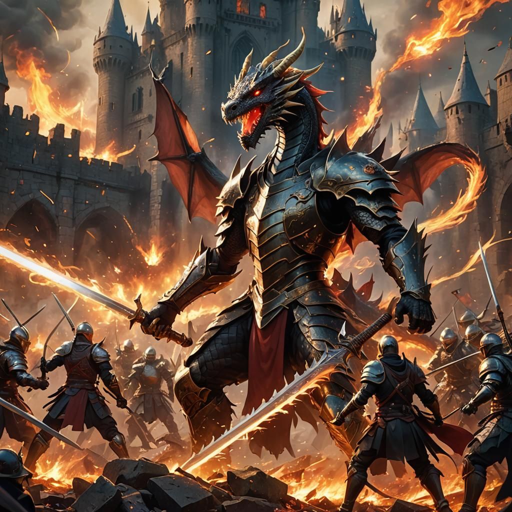 Dragon and Owner Clash Swords in Fiery Battlefield