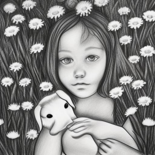 Detailed Charcoal Drawing: Girl with Puppy