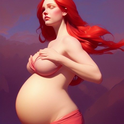 Inflated Pregnant Redhead in Art Nouveau Style