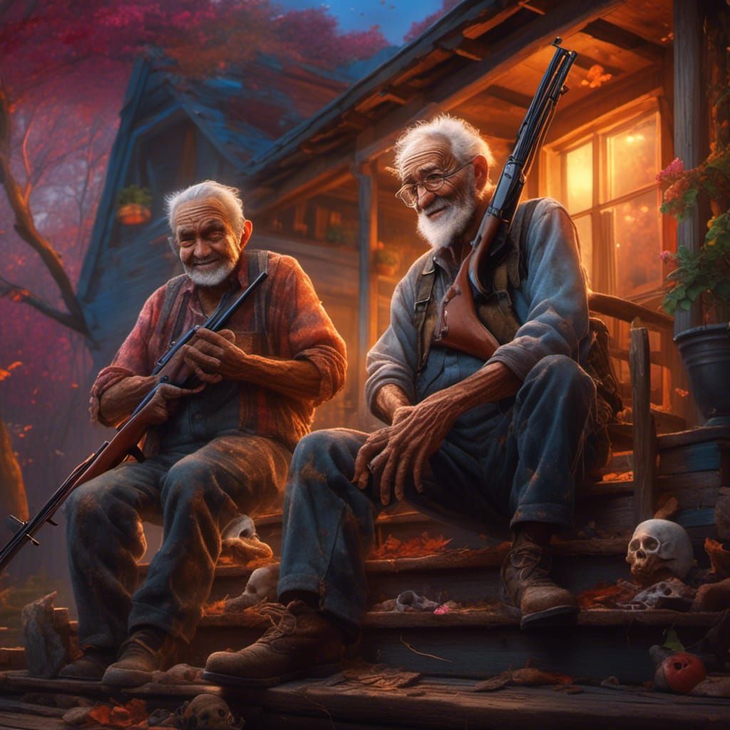 Hyperrealistic Old Man with Shotgun on Porch