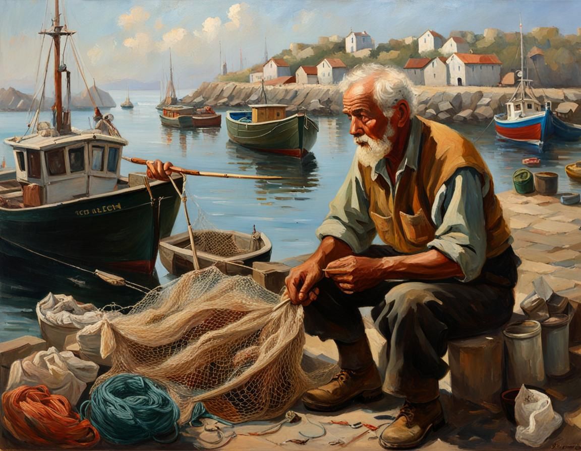Fisherman Mending Nets: A Realistic Oil Painting
