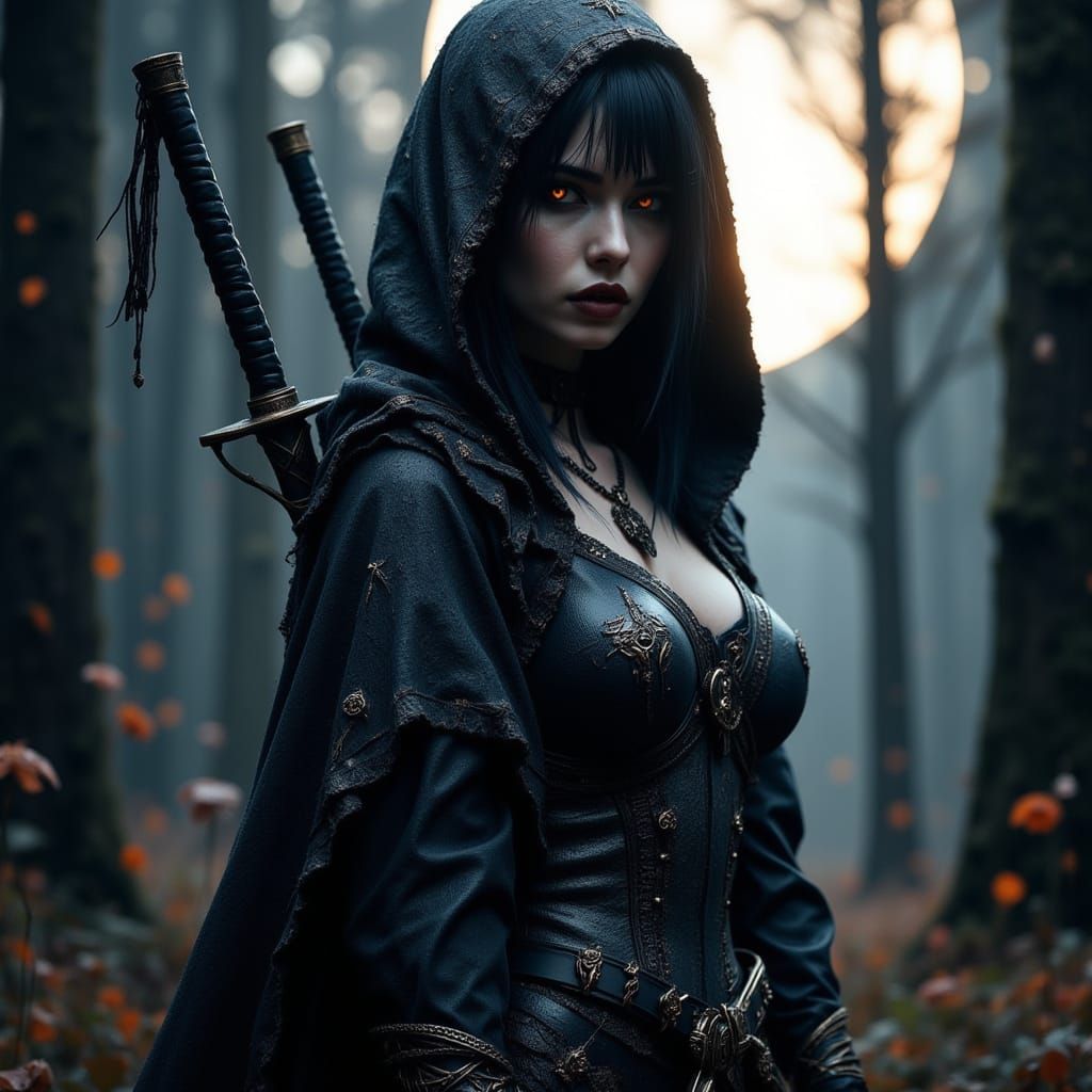 Rogue Assassin in Moonlit Forest, Anime Hyper-Realistic Styl...