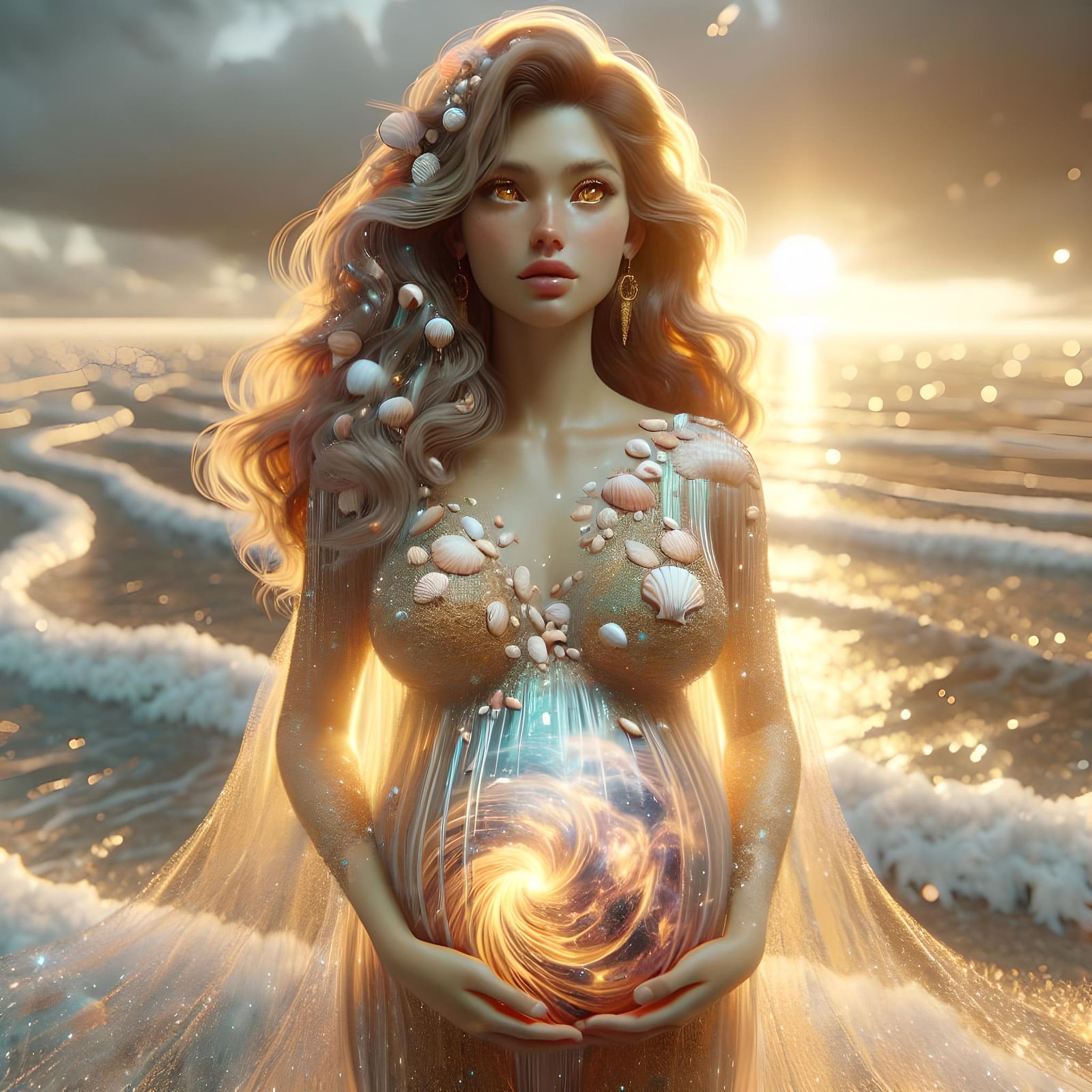 Golden Woman with Cosmic Elements in 3D Digital Art