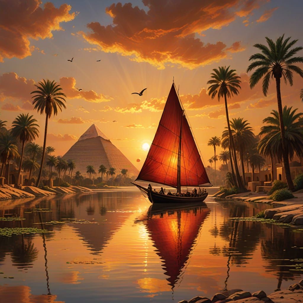 Dramatic Sunset Over Ancient Egypt Landscape with Nile River