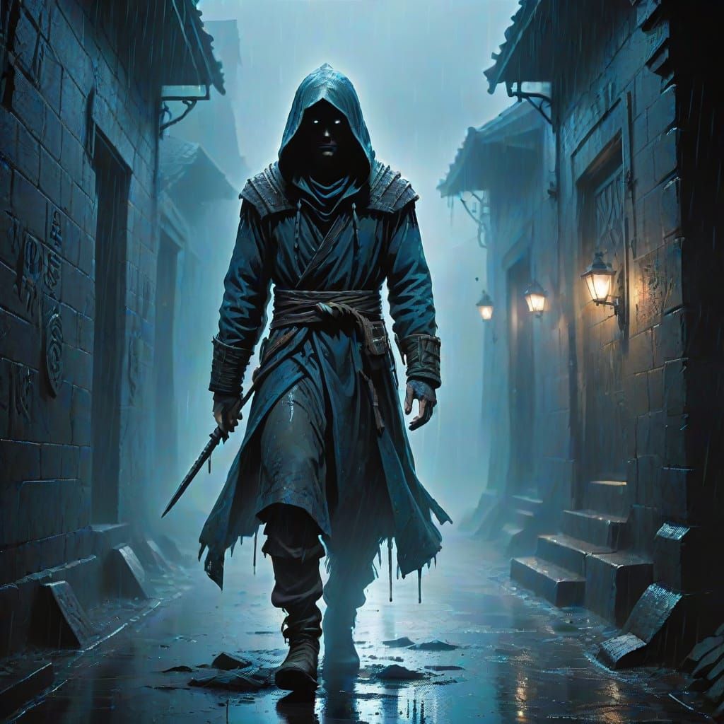 Dark Fantasy Figure in Rainy Alleyway