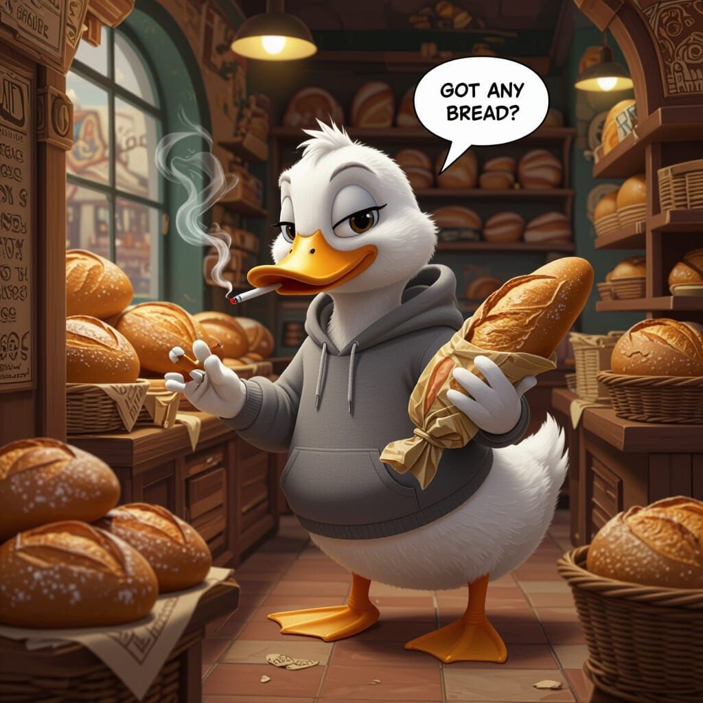 Cartoon Duck Steals Bread in Bakery