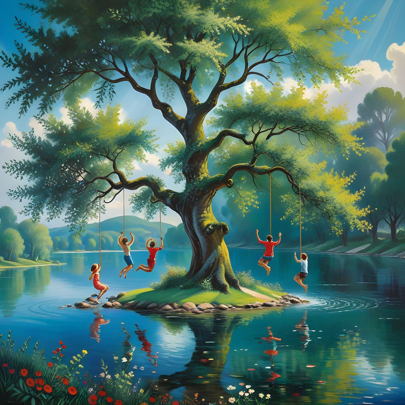 Friends Bask in Serene Lake Scene with Majestic Tree