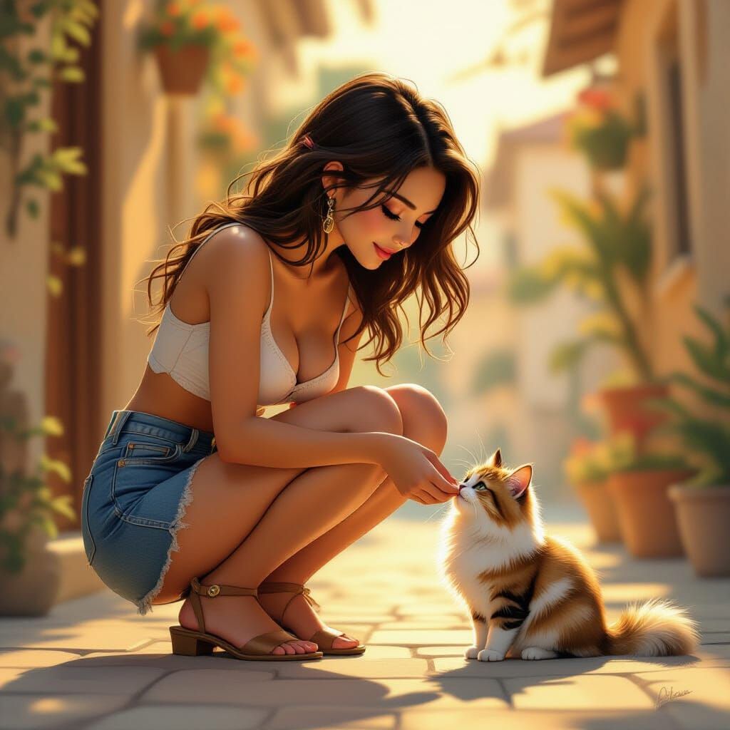 Tomboy Girl Feeds Cat in Golden Hour Digital Painting