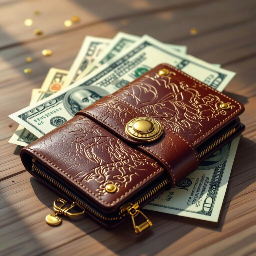 Leather Wallet Overflowing with Money and Gold Accents