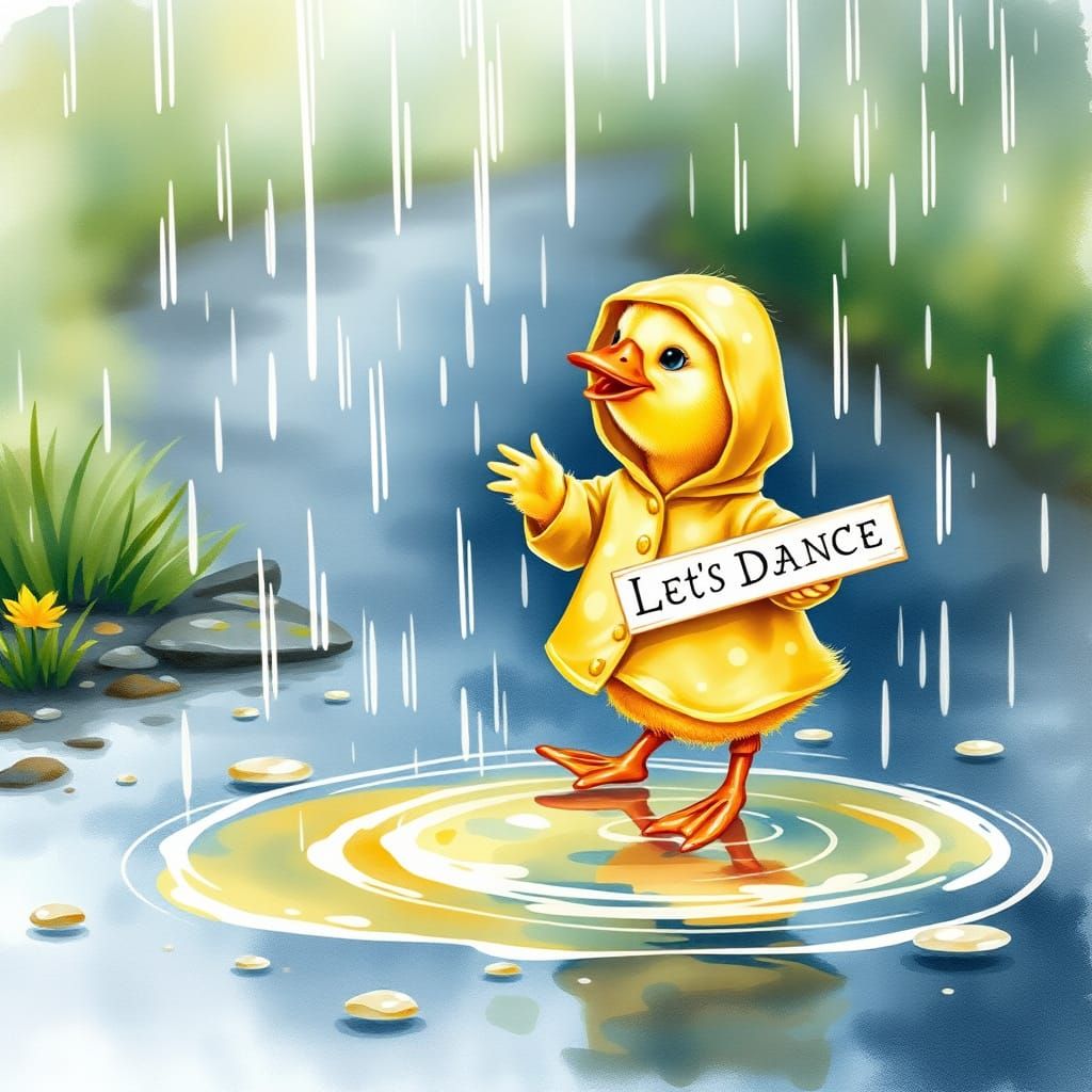 Cute Duckling Dancing in Rain, Watercolor and Acrylic