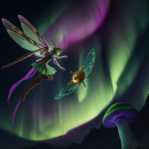 Wizard on Dragonfly Through Aurora Borealis