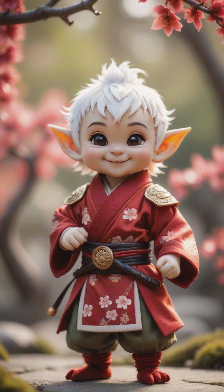 Miniature Samurai Elf with Soft Fur and Big Smile