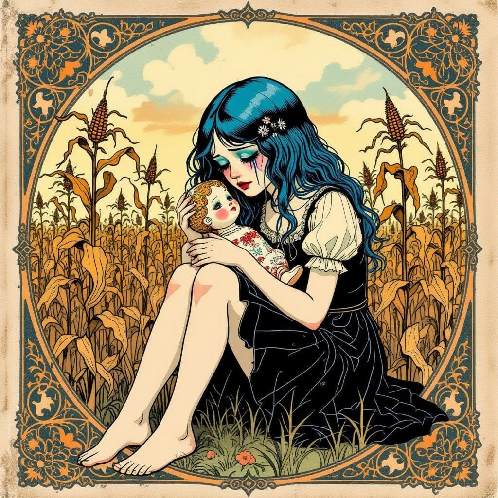 Lonely Goth Girl in Art Nouveau Style