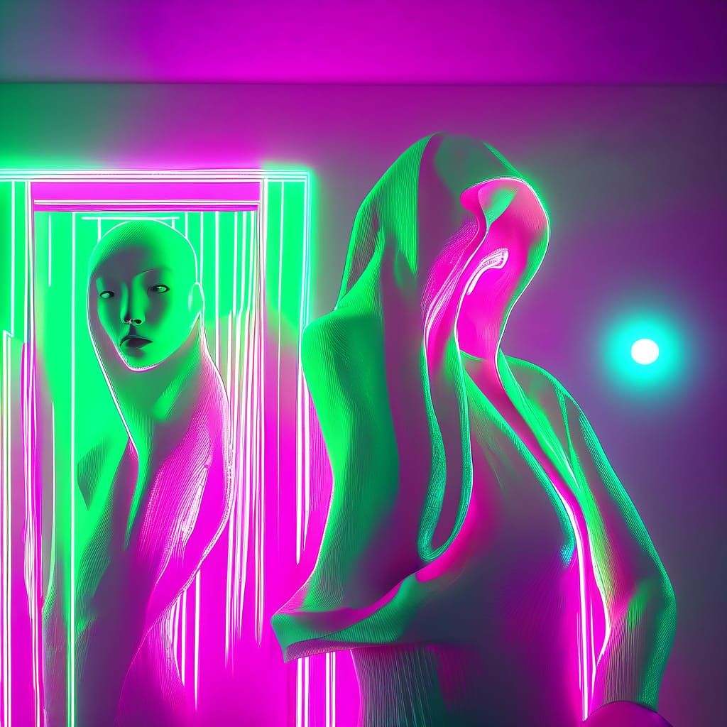 Hyperrealistic Figure in Neon Spotlight