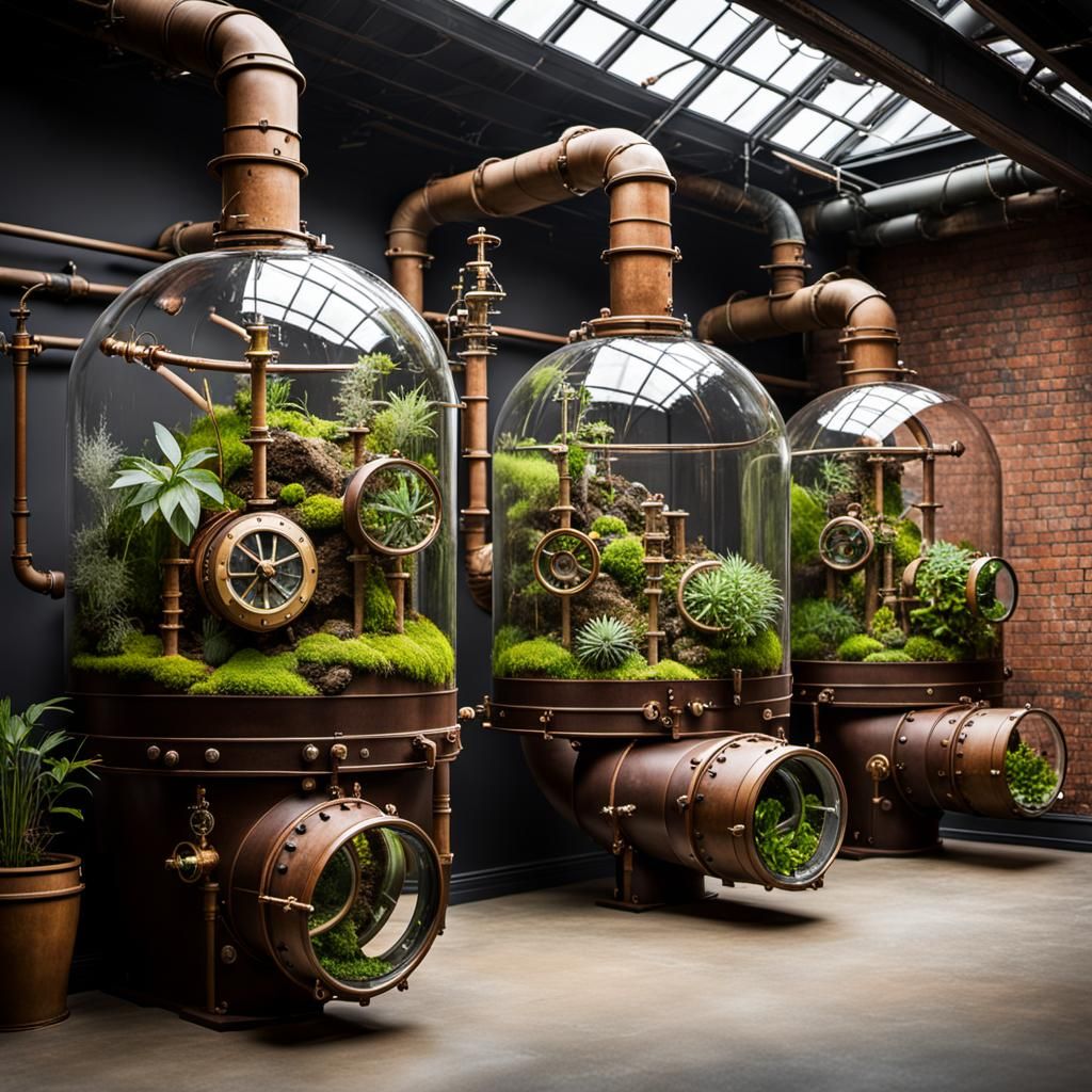 Steampunk Terrariums Interconnected with Pipes