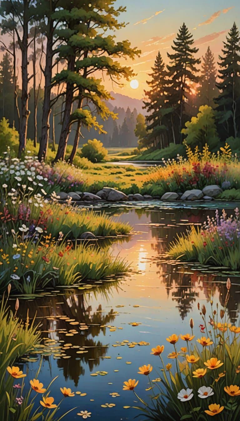 Peaceful Pond Landscape in Impressionistic Style