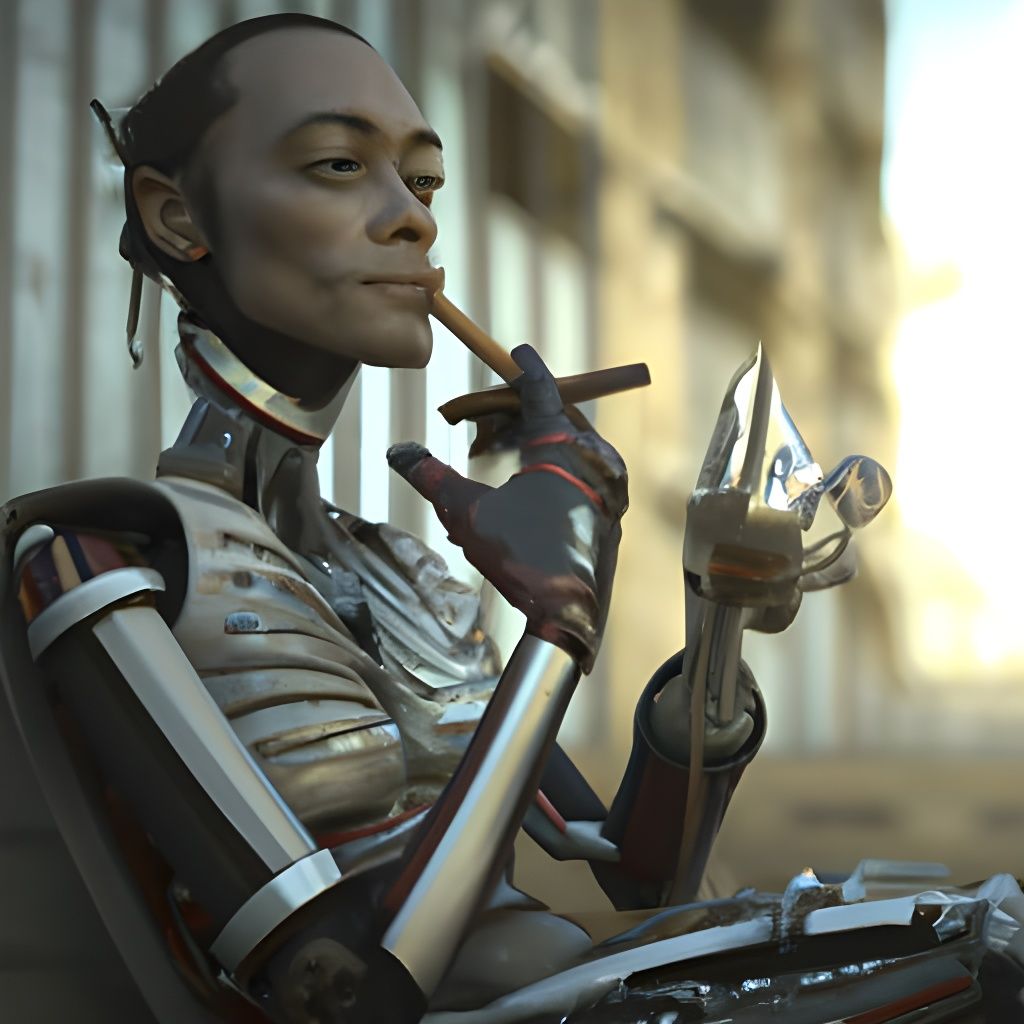 Humanoid robot with a cigarette 8k resolution concept art intricately detailed dieselpunk biopunk clockpunk post-apocaly...