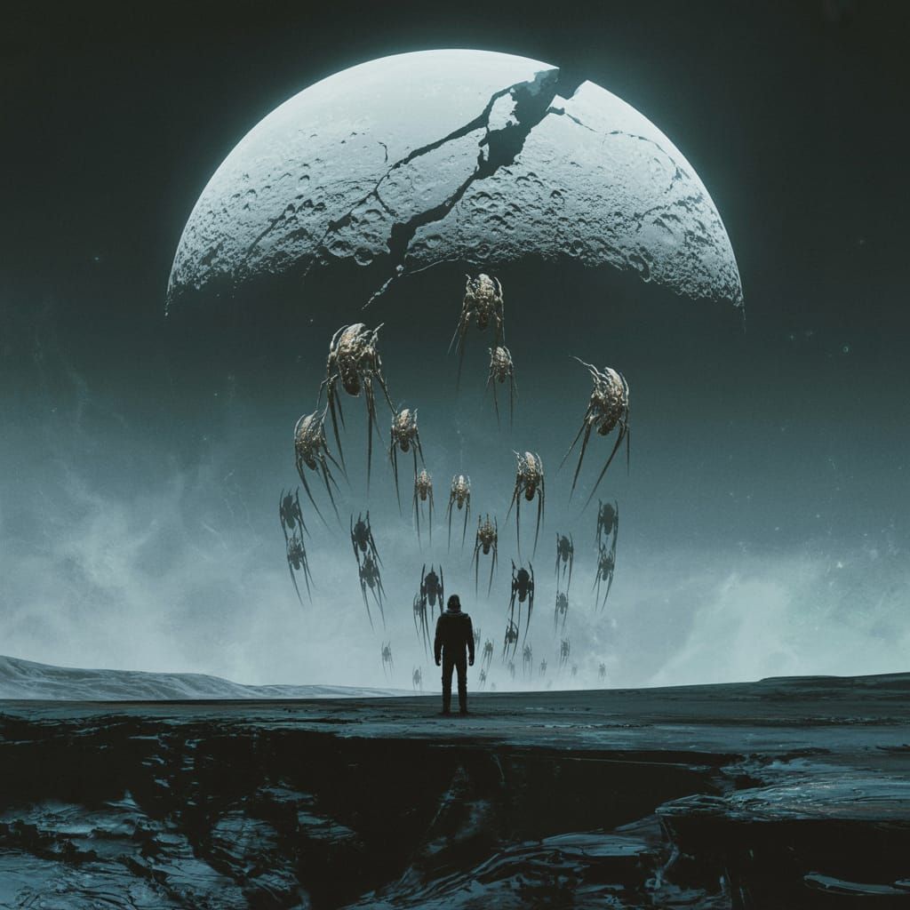 Figure Watches Alien Swarm Under Shattered Moon