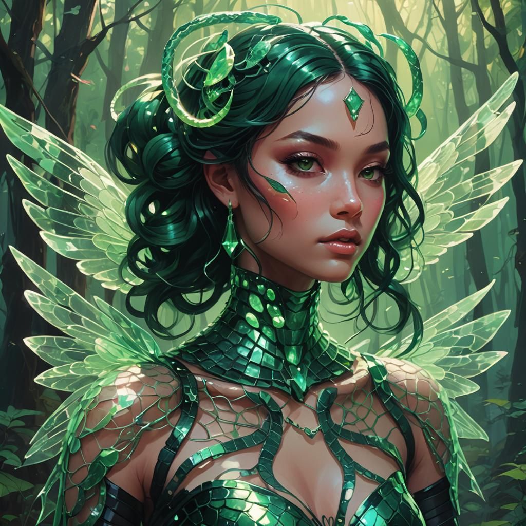Emerald Snake Woman with Wings, Fantasy Digital Art