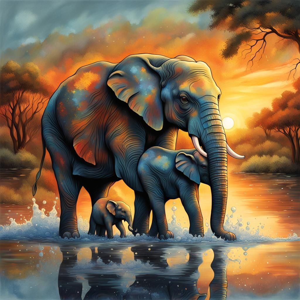 Hyperreal Elephant Mother and Baby Illustration