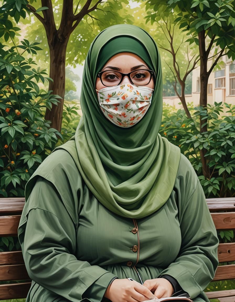 Woman in Hijab Writing Letter in Park, Digital Art