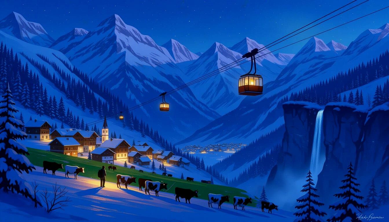 Whimsical Alpine Village at Night