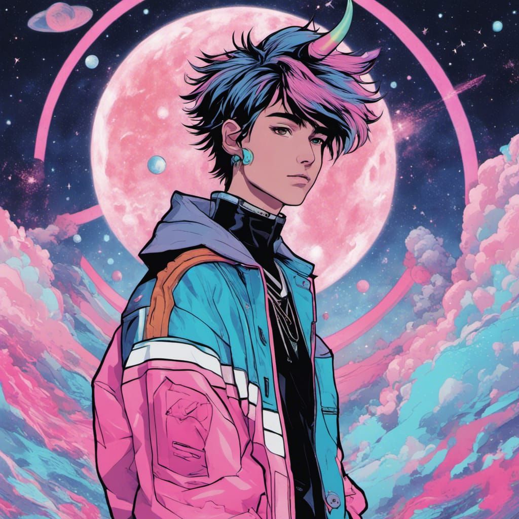 Punk Unicorn Boy in Retro Anime Style