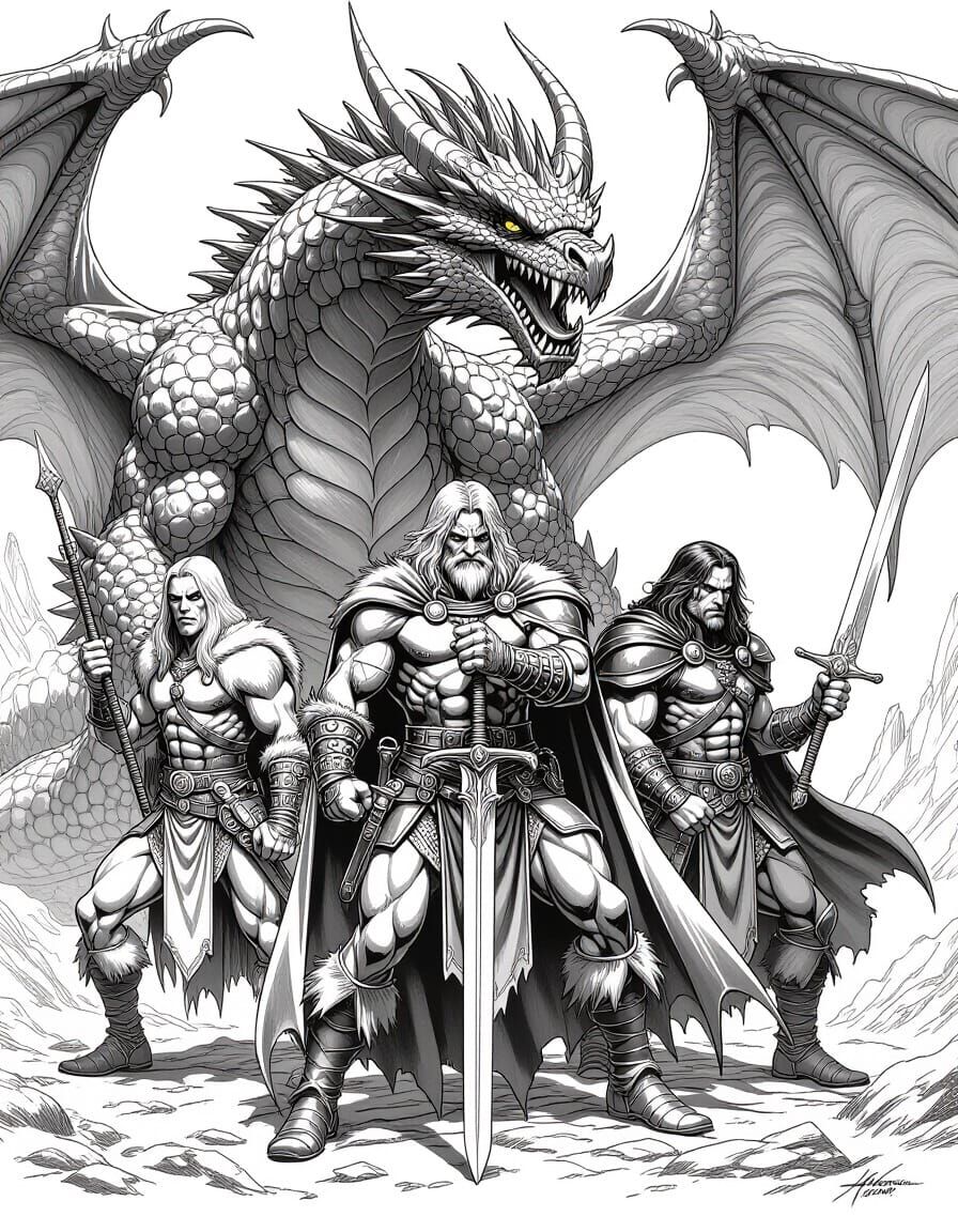 Detailed Fantasy Characters and Dragon Coloring Page