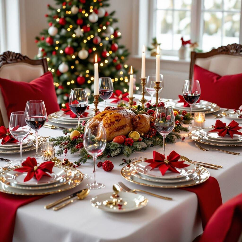 Festive Christmas Dinner Table Setting with Candles and Bows