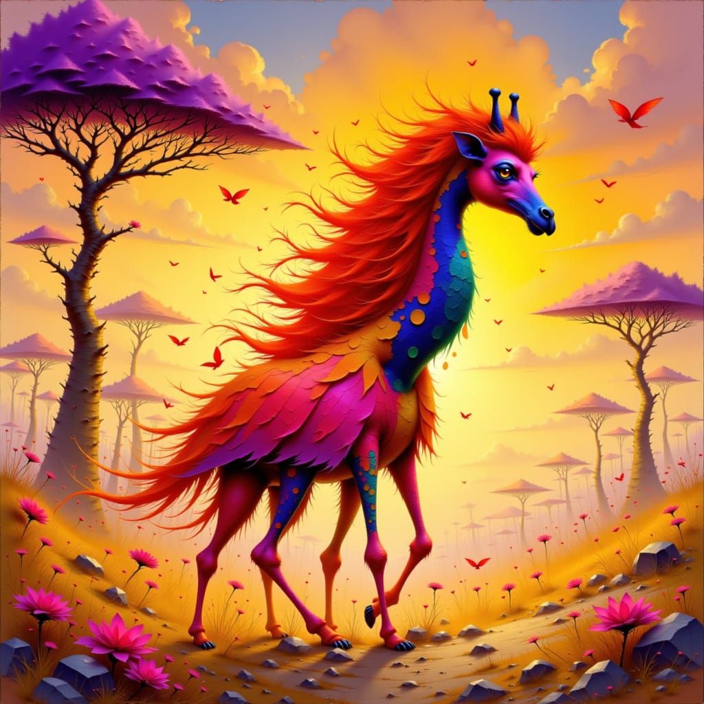 Fire-Flamingo-Giraffe Hybrid in Vivid Colors