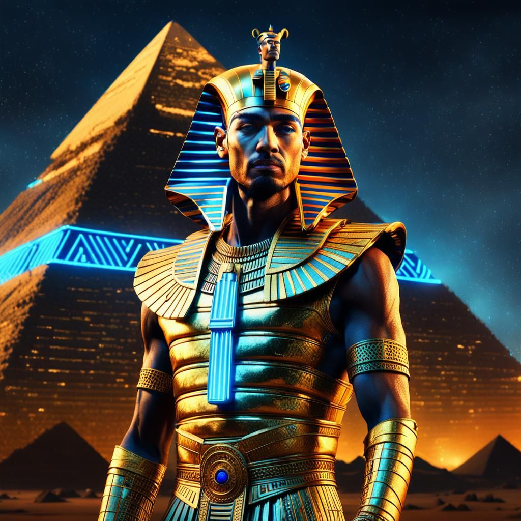 Egyptian King in Cyberpunk Style with Neon Pyramids