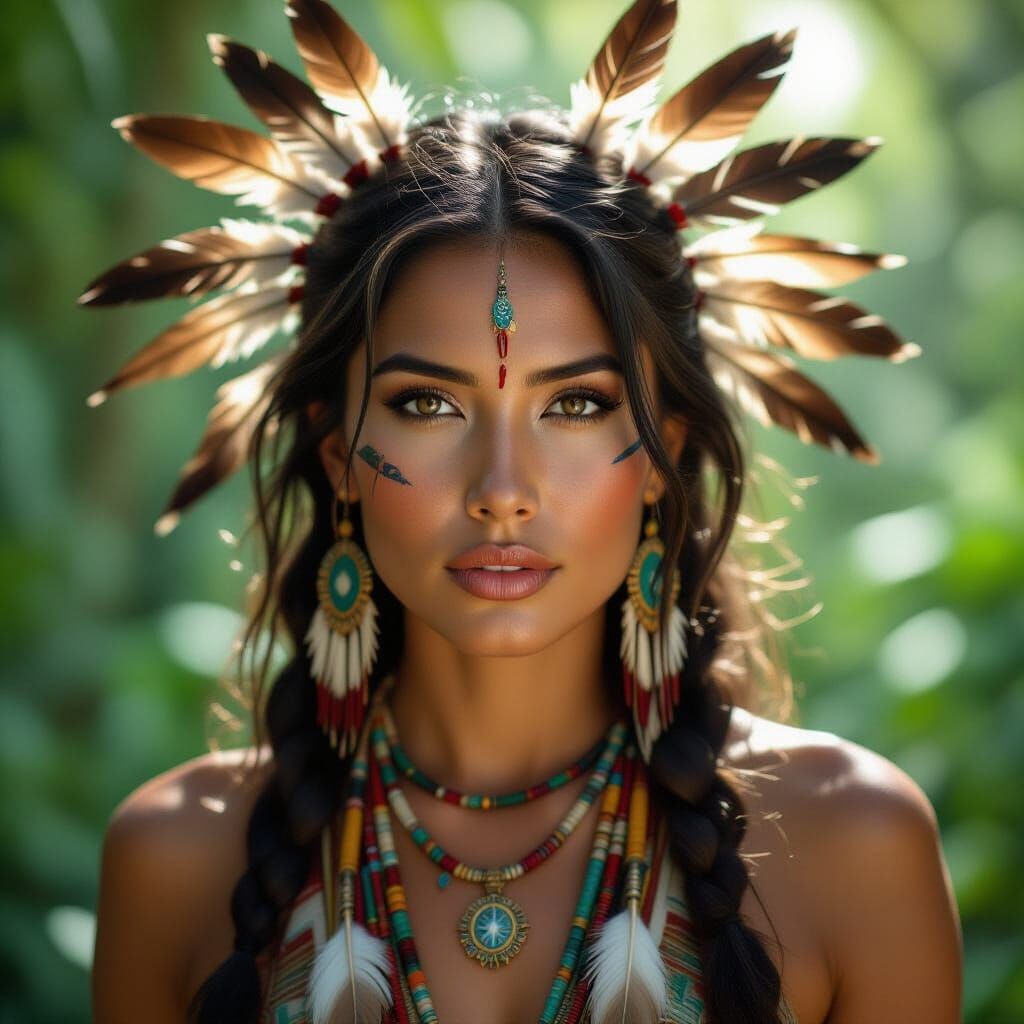 Striking Portrait of Native Woman in Lush Jungle