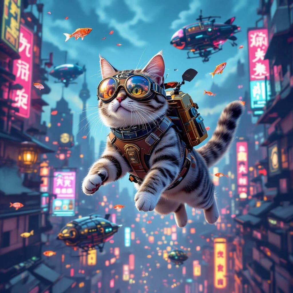 Steampunk Cat Flies Over Cyberpunk City