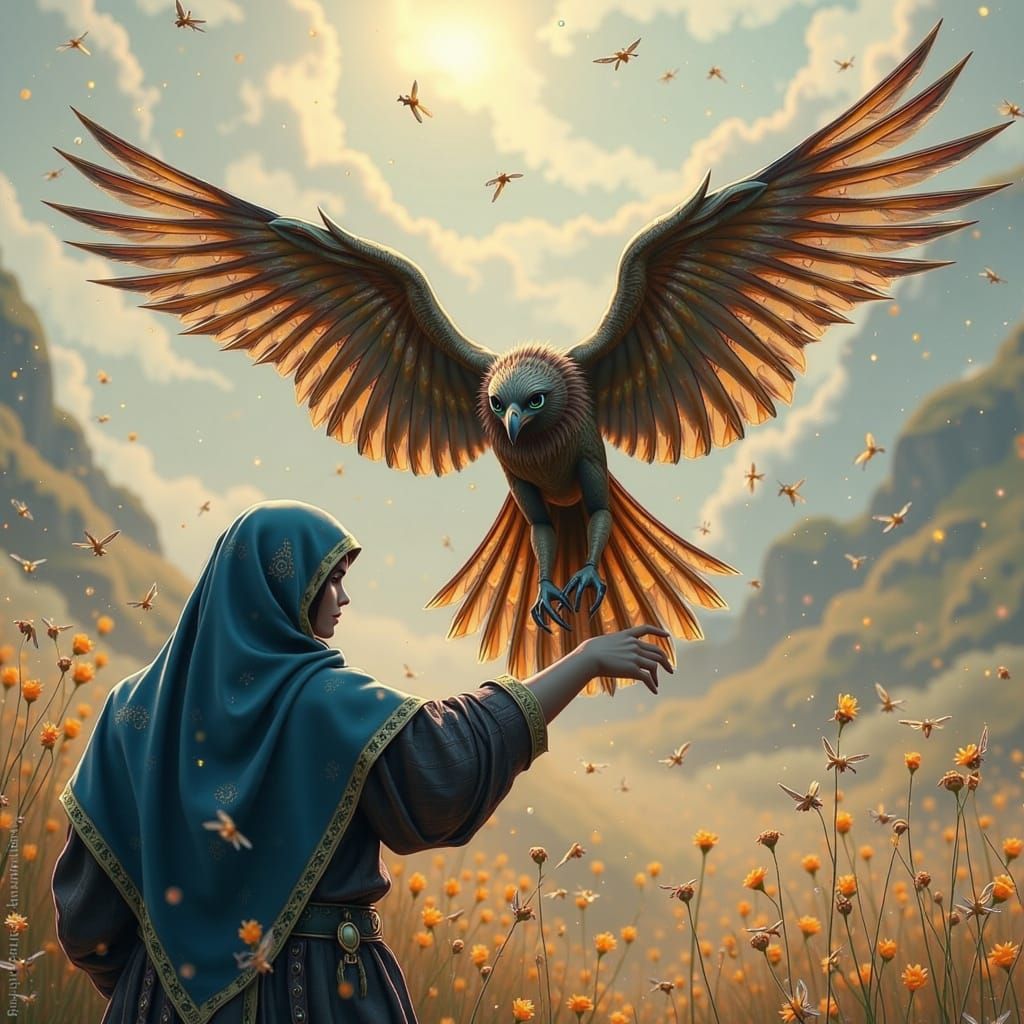 Falcon Lands on Falconer's Arm in Beksiński Light