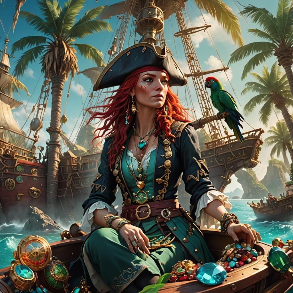 Fantasy Pirate Queen on Jewel Island, Matte Painting