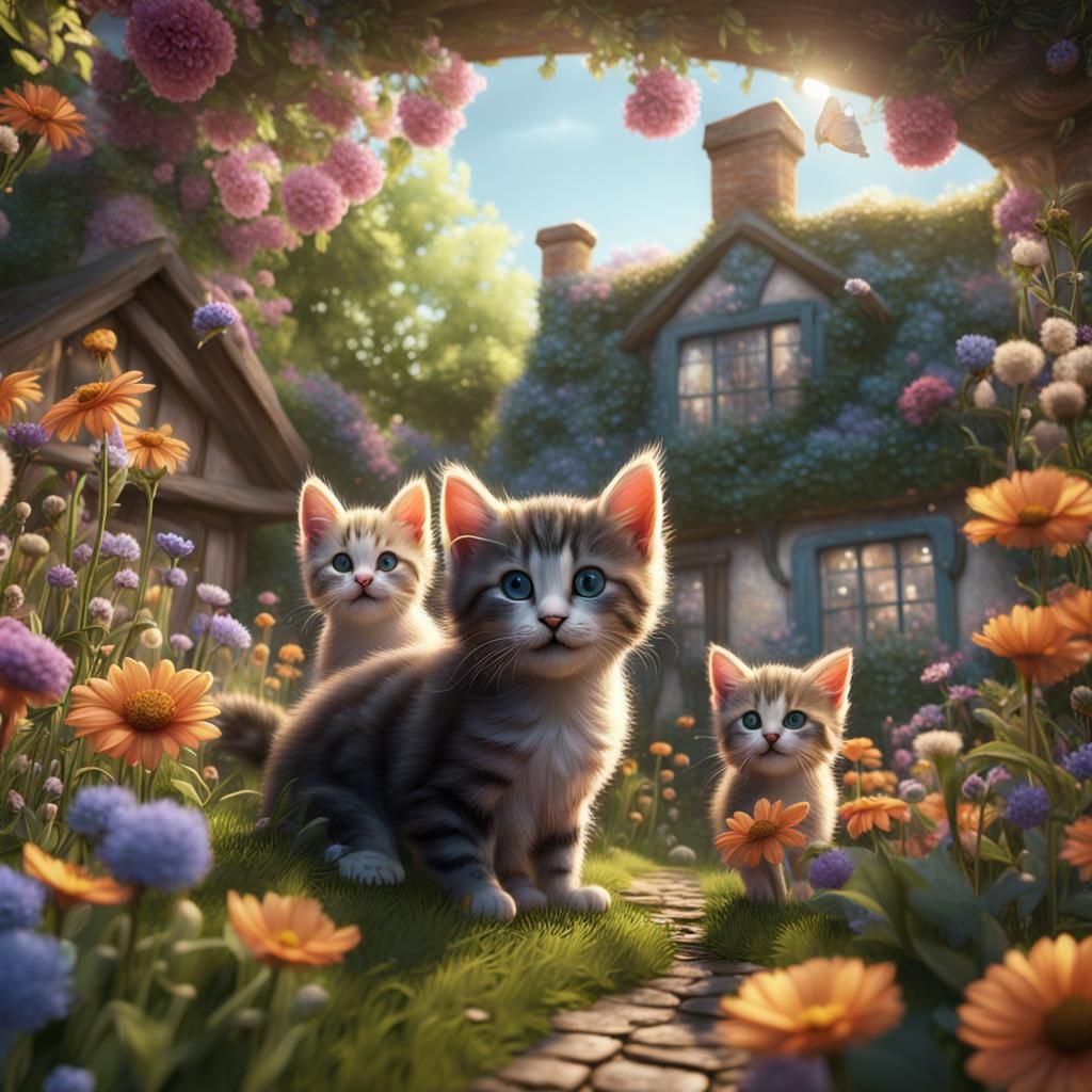 Happy Kittens in Cottage Garden: Fantasy Concept Art
