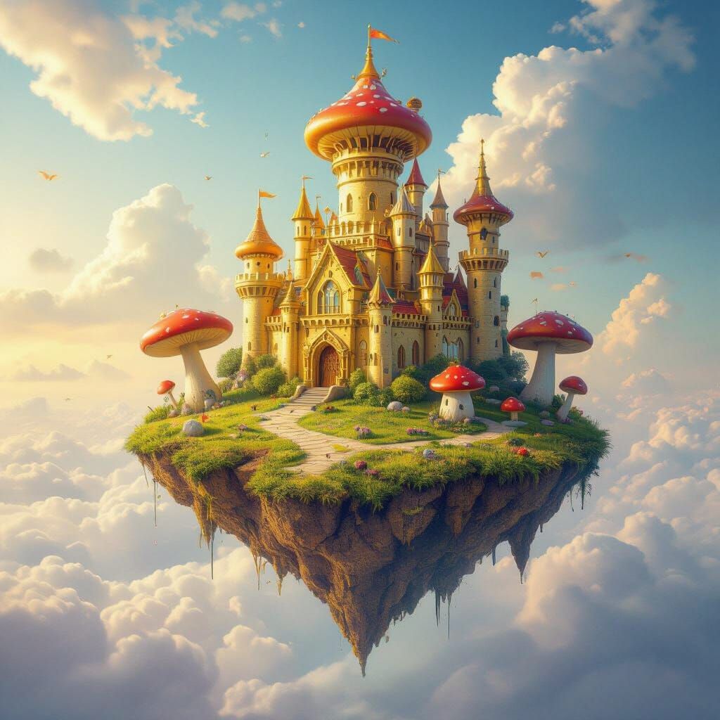 Floating Golden Castle in Sky, Hyperrealistic Art