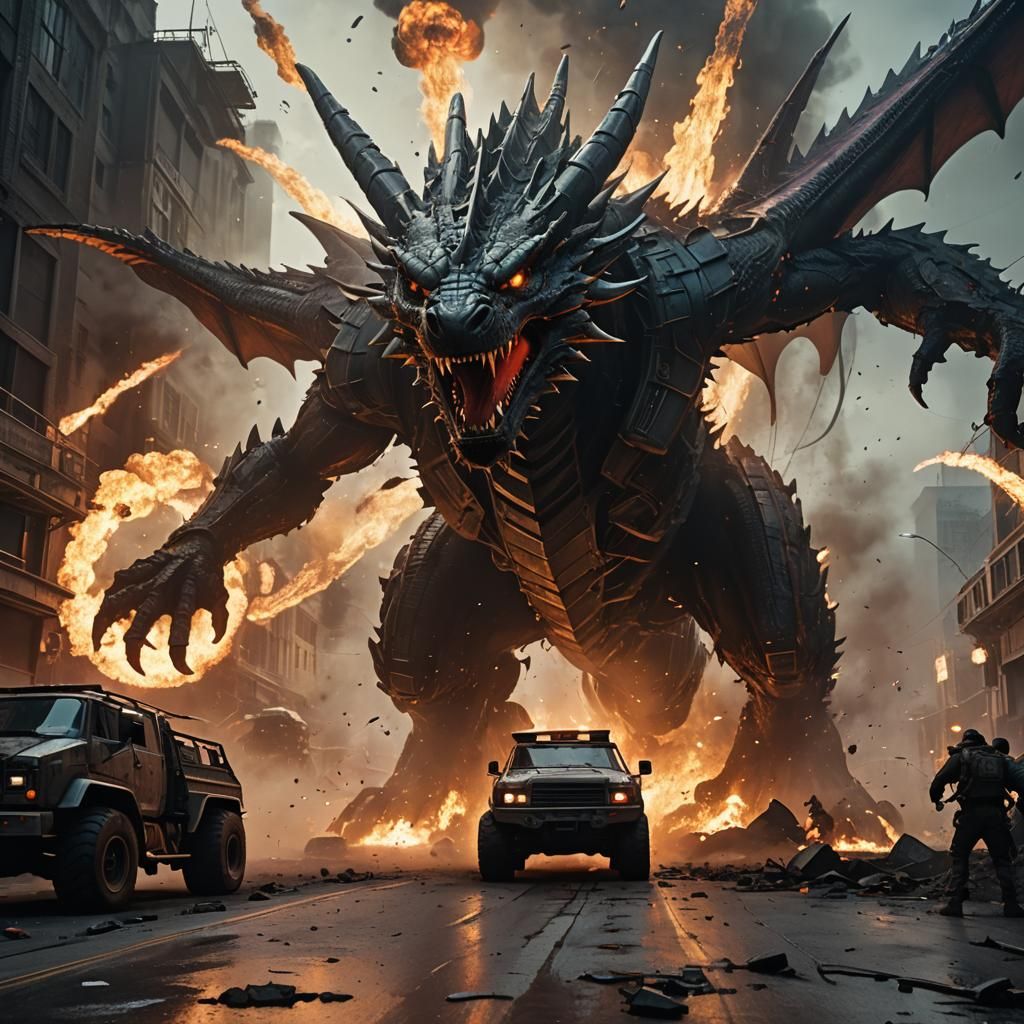 Dragon Chasing Truck in Sci-Fi Explosion