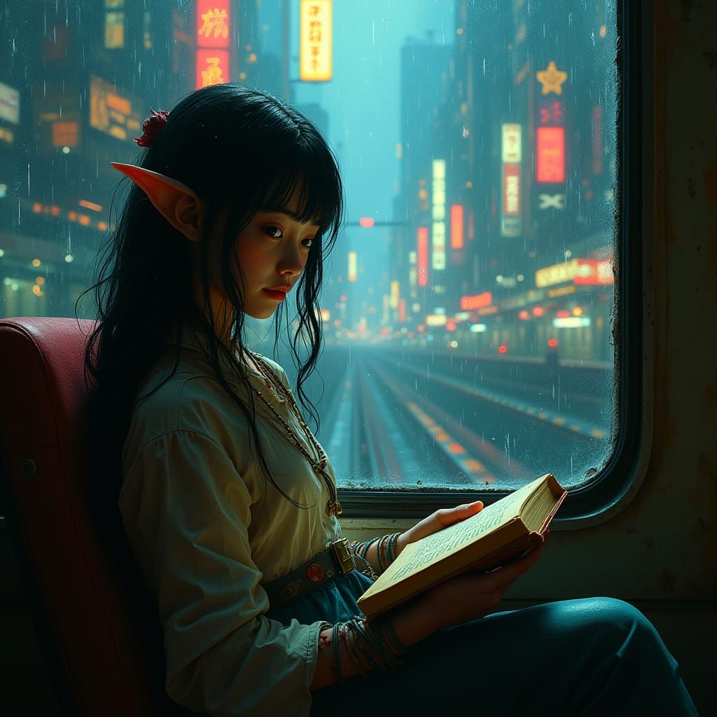 An elf taking the train through a futuristic city
