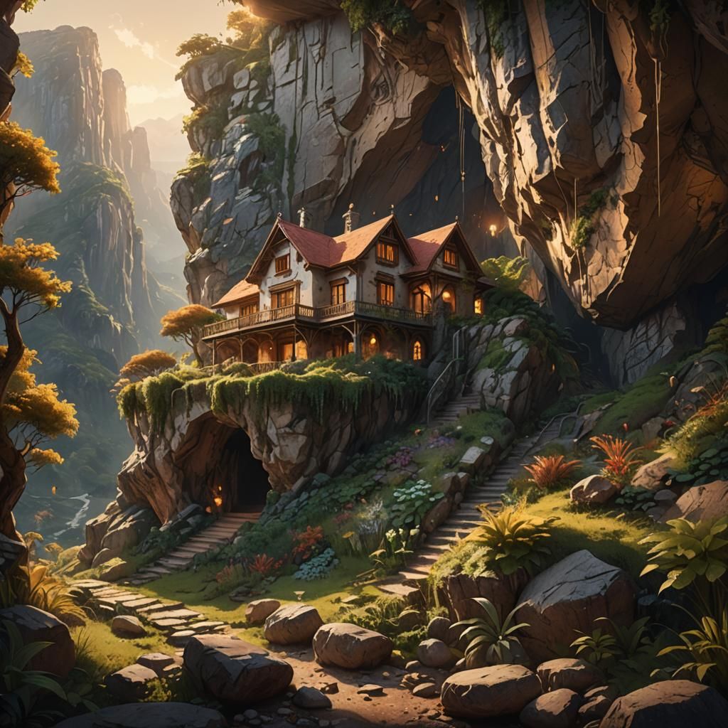 Mountain House and Cave in Hyperrealistic Style