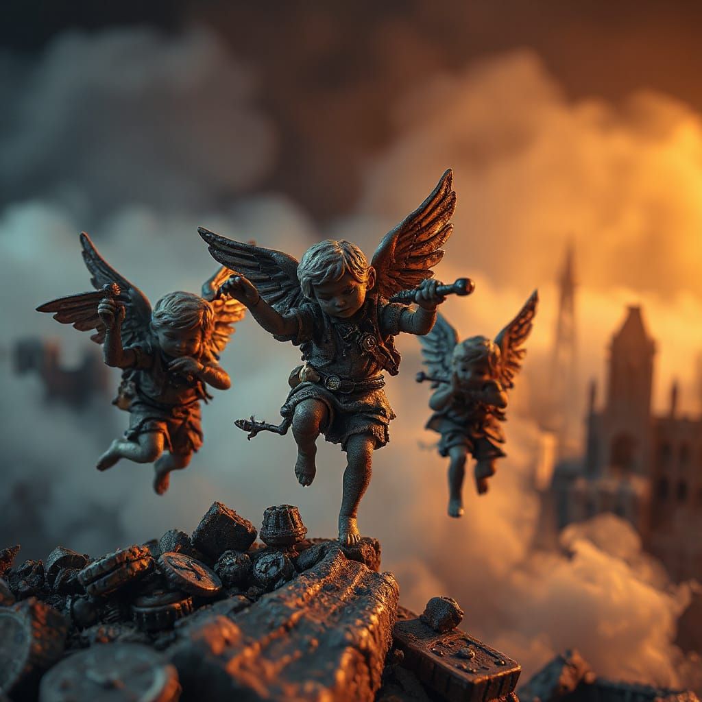 Steampunk Cherubs Wage War in Ruined City