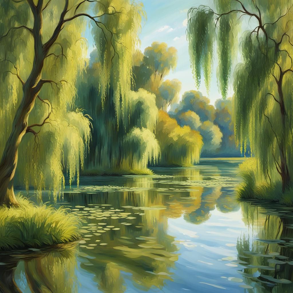 Impressionist Willows Over Serene Lake at Sunset