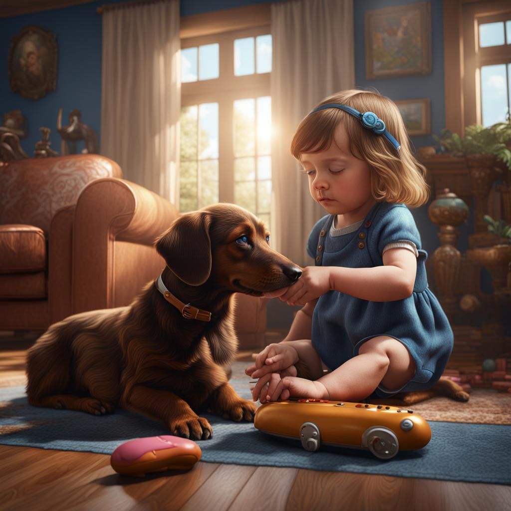 Baby Girl and Dachshund: Fantasy Concept Art