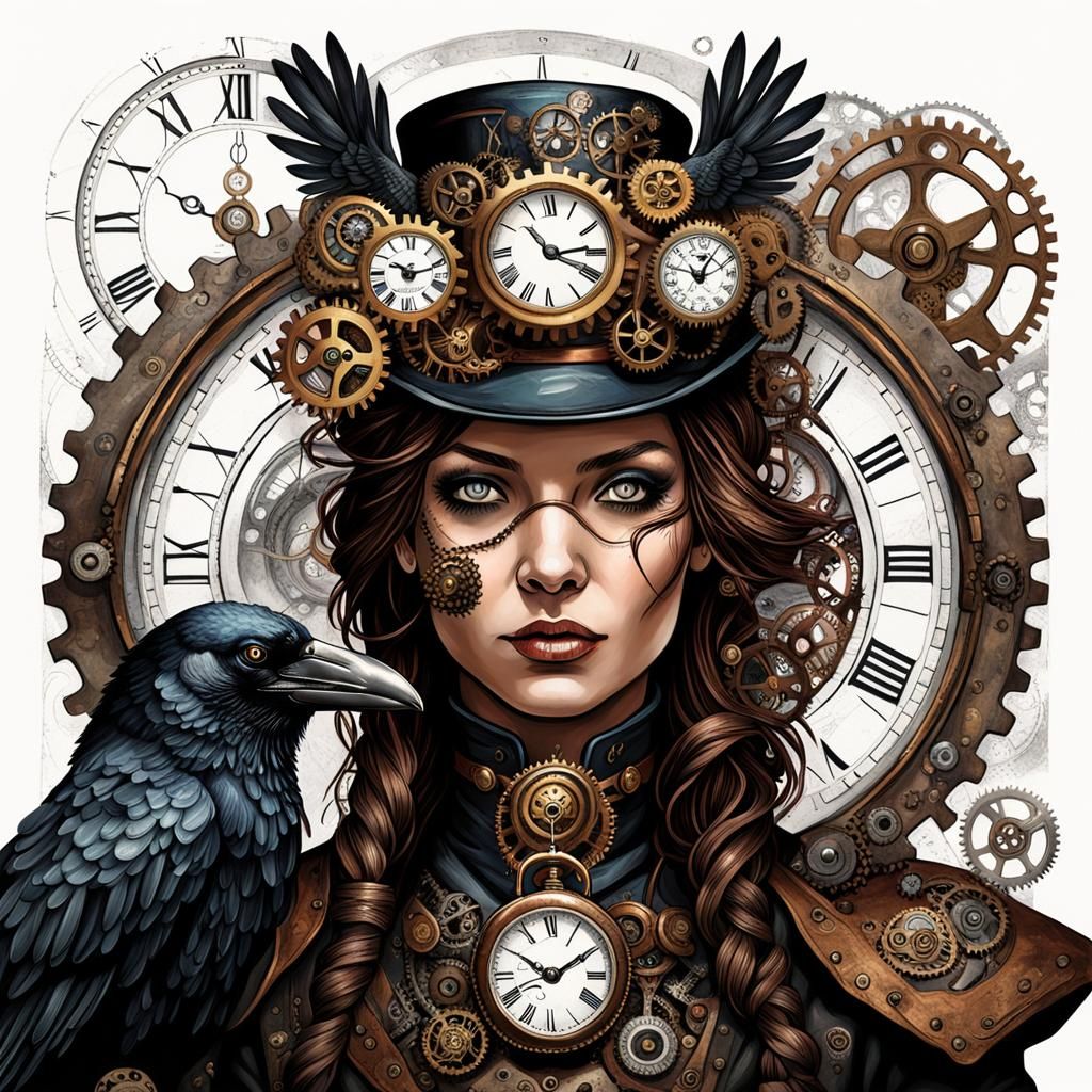 Steampunk Woman Portrait with Gears and Raven