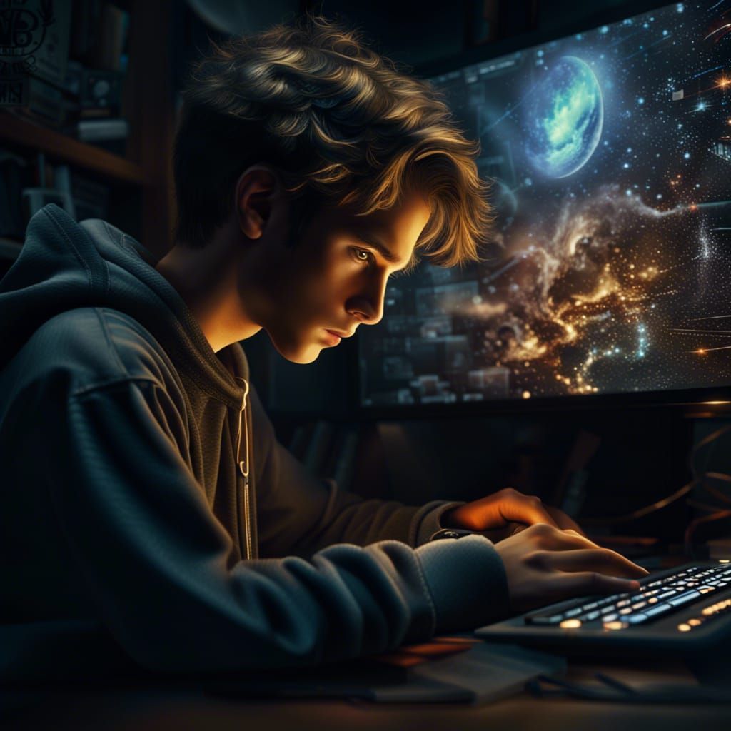 Teenager Illuminated by Computer Screen: Digital Matte Paint...
